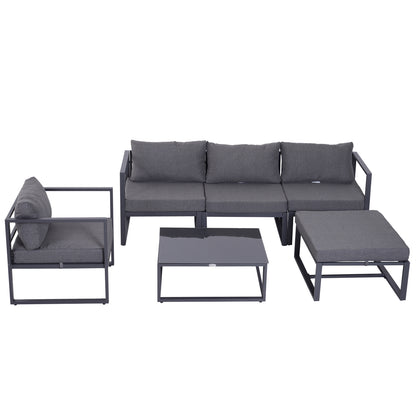 Outsunny 6 PCs Outdoor Indoor Sectional Sofa Set Thick Padded Cushions Aluminium Frame 5 Seaters 1 Coffee Table Footrest Grey 