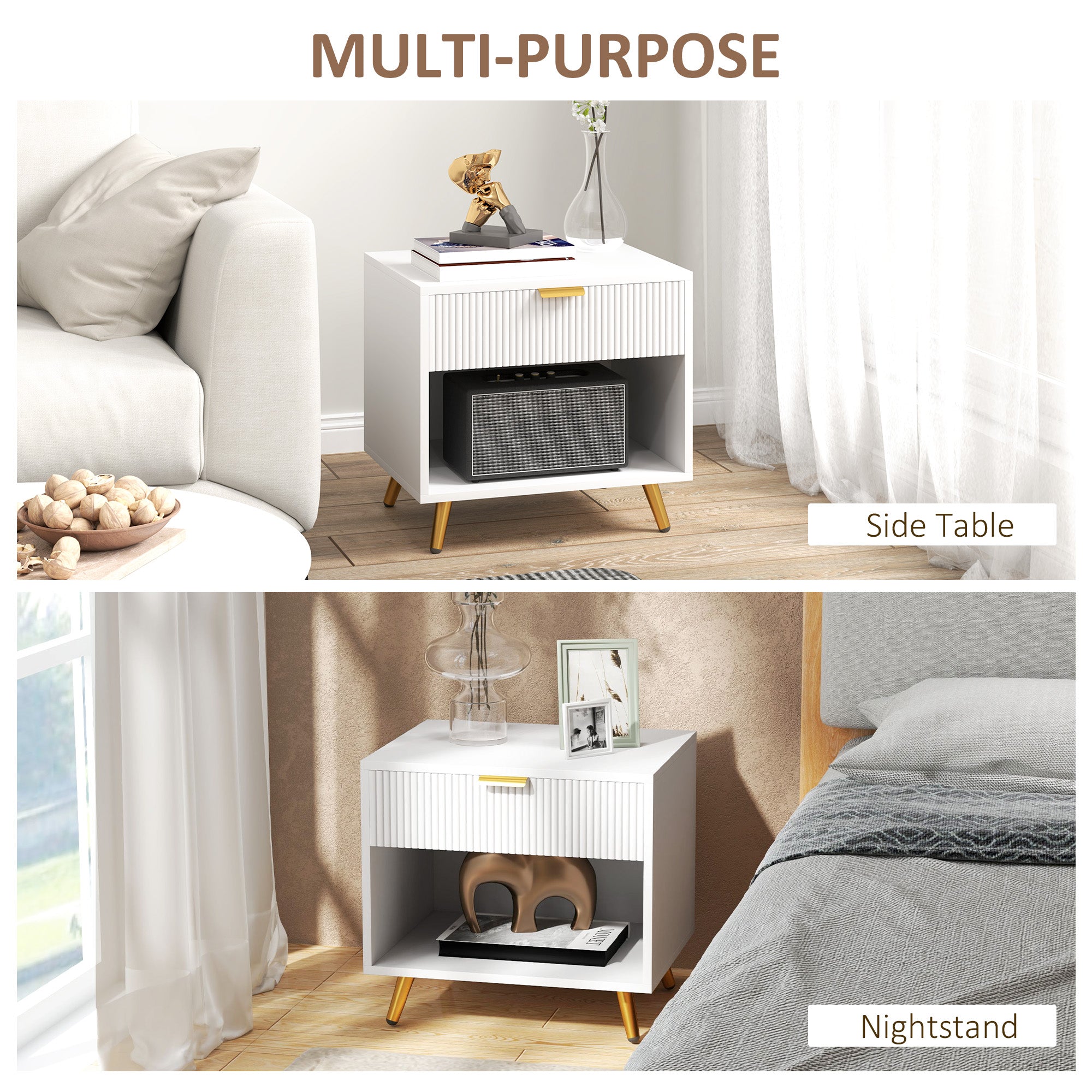 HOMCOM Bedside Tables Set of 2, Bedside Cabinets With Drawer and Open Compartment, Nightstands With Handle for Bedroom, Living Room, White 