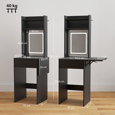 HOMCOM Small Vanity Desk with Mirror and LED Lights, Compact Dressing Table with Drop Leaf, Open Shelves and Drawer, Black 