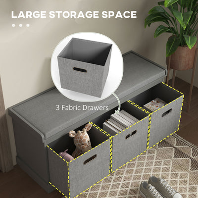 HOMCOM Three-Drawer Shoe Storage Bench, with Padded Top Seat - Grey 