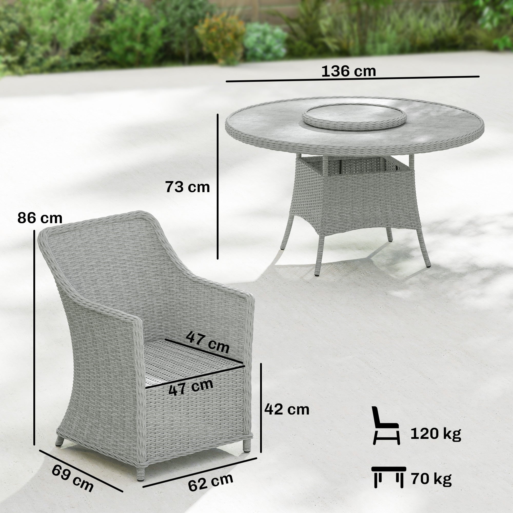 Outsunny Rattan Garden Dining Set with Turntable, Marble Effect Glass Round Garden Table and Chairs with Aluminium Frame, Grey 