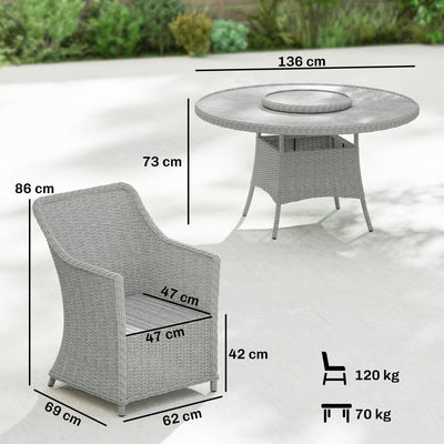 Outsunny Rattan Garden Dining Set with Turntable, Marble Effect Glass Round Garden Table and Chairs with Aluminium Frame, Grey 