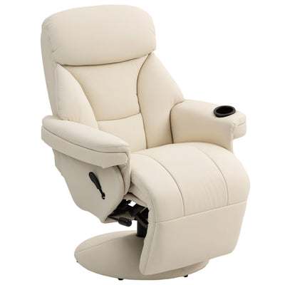 HOMCOM Manual Recliner Chair with Footrest, Upholstered Reclining Armchair with Adjustable Backrest and Cup Holder, PU Leather Swivel Chair for Living Room, Bedroom, Cream White 