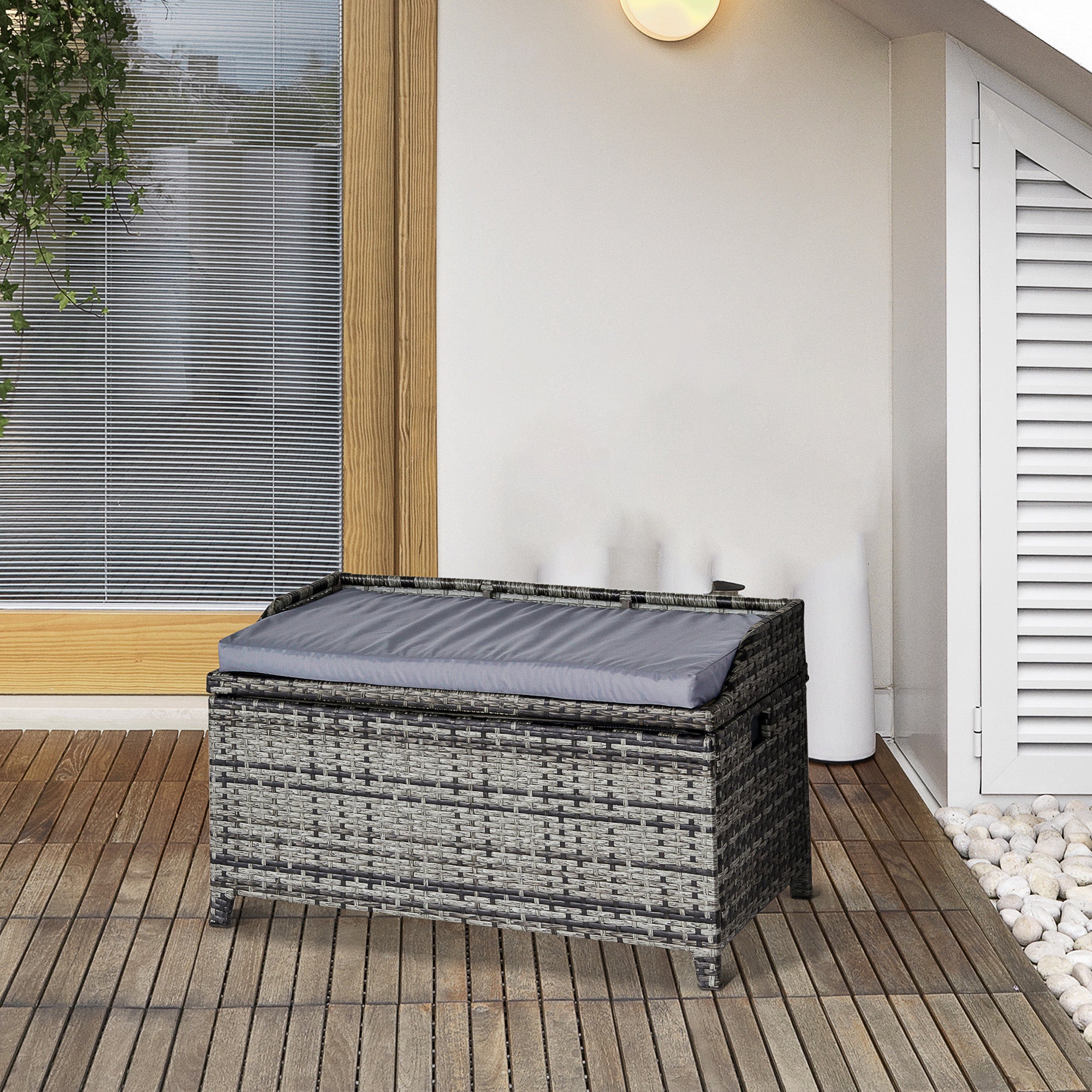 Outsunny 130 L Rattan Garden Storage Box, with Seat - Mixed Grey 