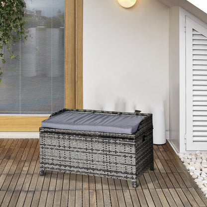 Outsunny 130 L Rattan Garden Storage Box, with Seat - Mixed Grey 