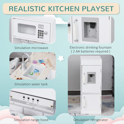 HOMCOM Kids Play Kitchen Wooden Toy Kitchen Cooking Set for Children with Drinking Fountain, Microwave, and Fridge White 