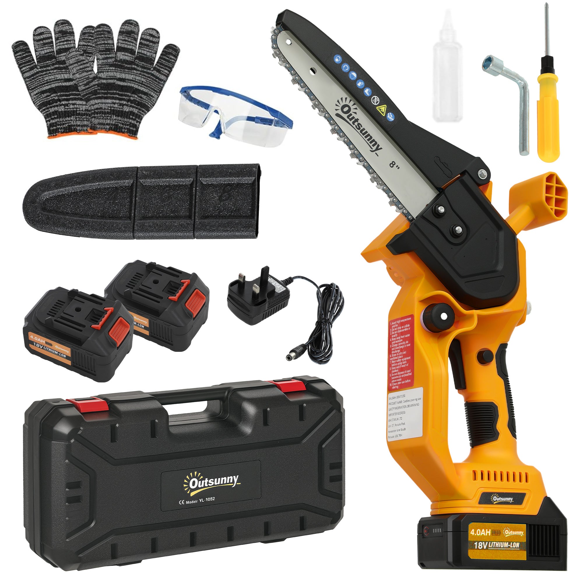 Outsunny 8 Inch Electric Chainsaw, Cordless Chain Saw with Brushless Motor, 2 4.0Ah Batteries and Safety Lock, Handheld Portable Wood Pruning Saw for Trimming Cutting, Orange