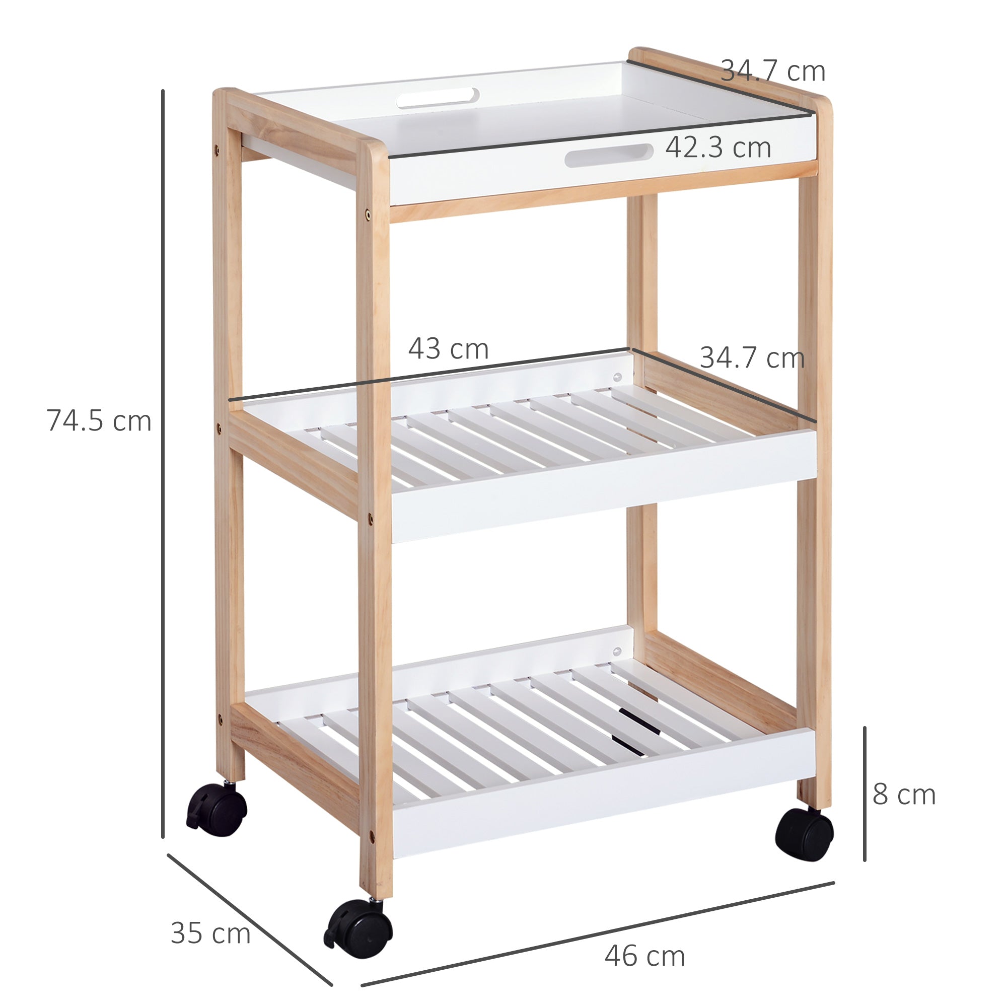 HOMCOM 3-Tier Mobile Kitchen Trolley Cart Storage Shelves Rack Rolling Wheels White 46 x 35 x 74.5 cm 