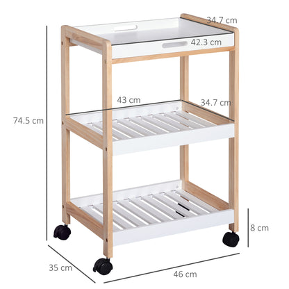 HOMCOM 3-Tier Mobile Kitchen Trolley Cart Storage Shelves Rack Rolling Wheels White 46 x 35 x 74.5 cm 