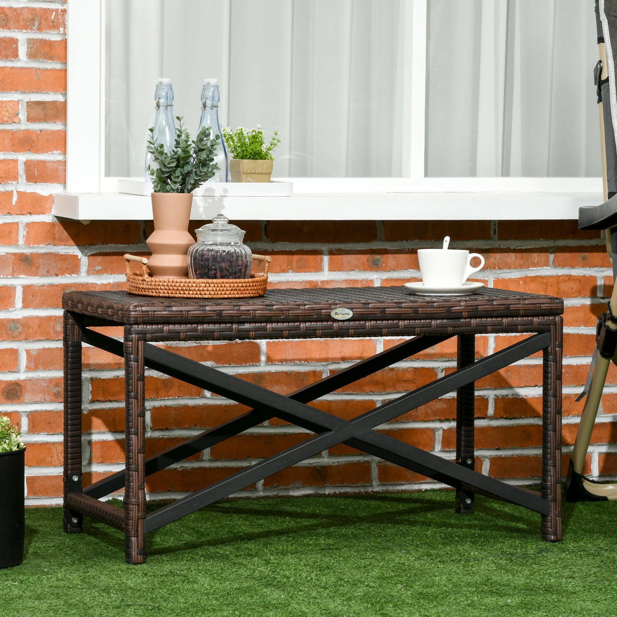 Outsunny PE Rattan Garden Side Table, Outdoor Coffee Table with X-Shape Frame, Mixed Brown 
