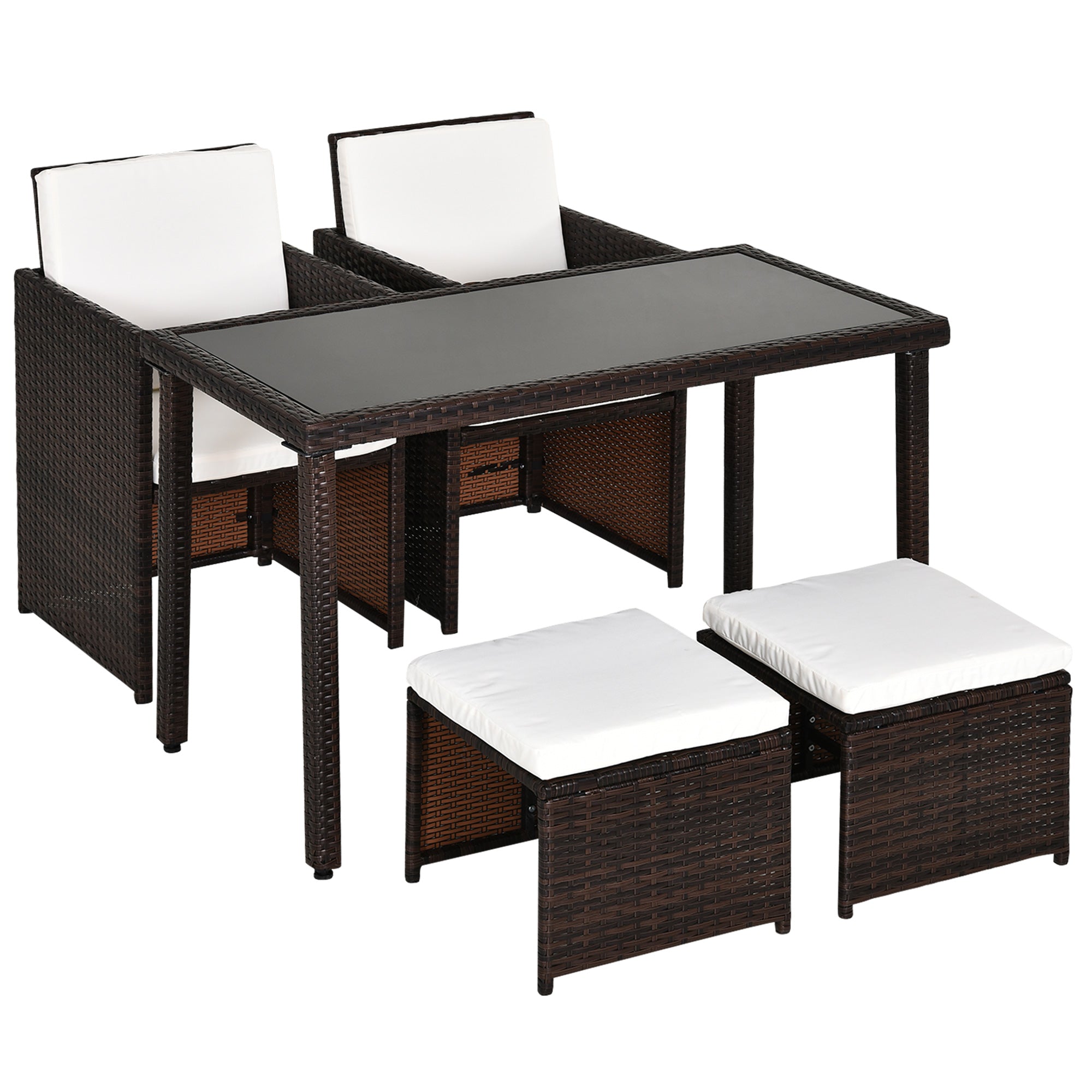 Outsunny 2 Seater Rattan Cube Garden Furniture Set, Rattan Dining Set with Cushions, Outdoor Dining Table and Chairs with 2 Armchairs, 2 Stools, Rectangular Glass Top Table for Patio, Balcony, Brown 