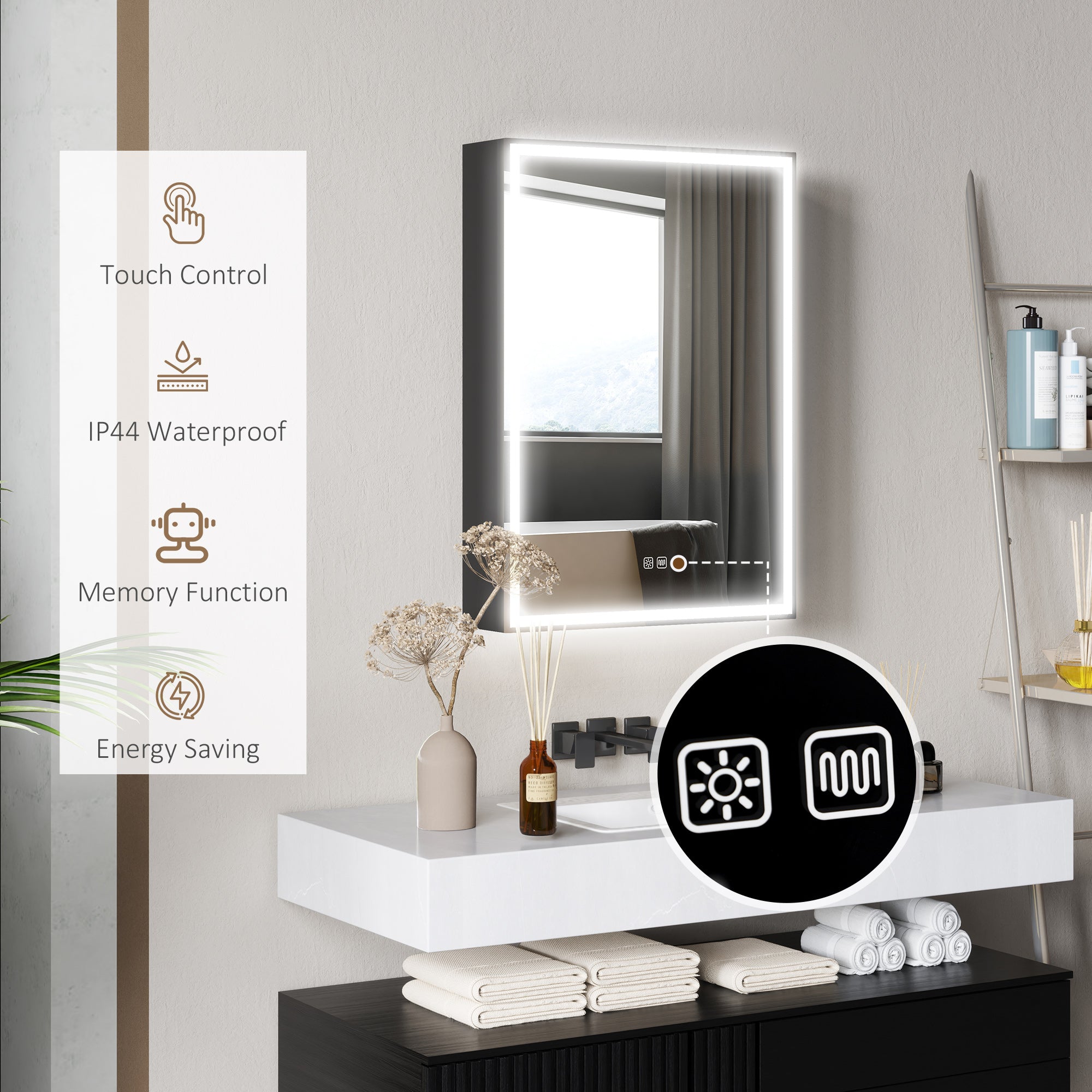 HOMCOM Bathroom Mirror Cabinet with LED Lights and Shaver Socket, 500 x 700 mm Wall Mounted Bathroom Cabinet with Mirror, Demister Pad, Dimmer, 3 Colours, Medicine Cabinet, Black