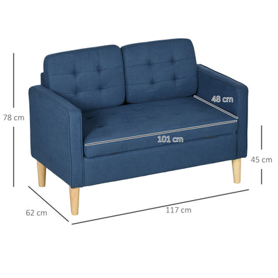 HOMCOM Modern Loveseat Sofa, Compact 2 Seater Sofa with Hidden Storage, 117cm Tufted Cotton Couch with Wood Legs, Blue 
