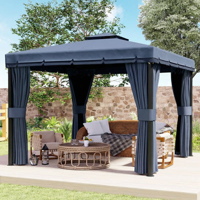 Outsunny 3 x 3(m) Patio Gazebo Canopy Garden Pavilion Tent Shelter Marquee with 2 Tier Roof, Netting and Curtains, Dark Blue 