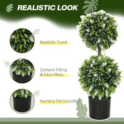 HOMCOM Set of 2 Decorative Artificial Plants Ball Trees with Lavender Flowers in Pot Fake Plants for Home Indoor Outdoor Decor, 70cm, White 