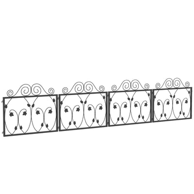 Outsunny Set of Four 57cm Leaf Scroll Metal Fence Panels - Black 