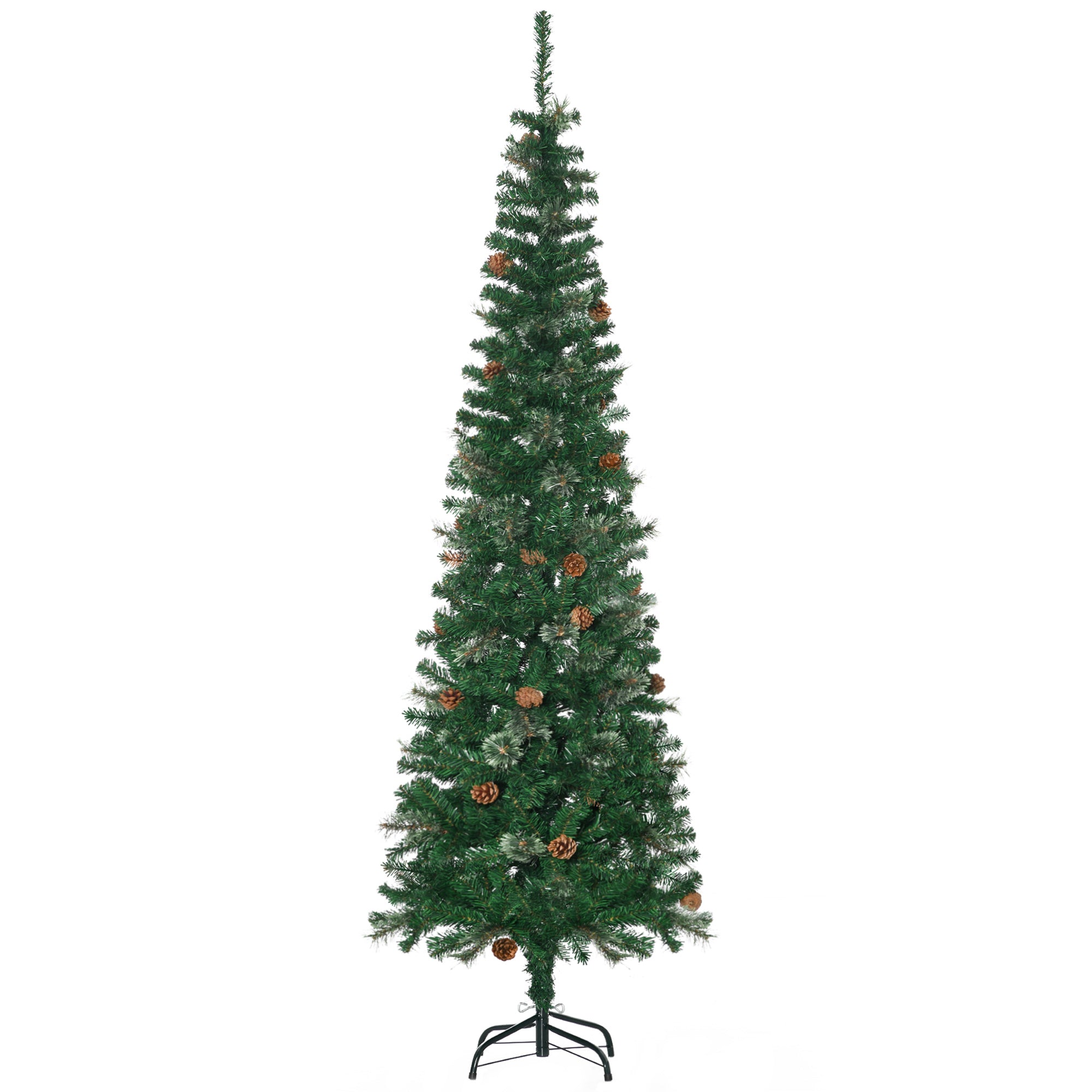 HOMCOM 6.5FT Tall\'c2\'a0Pencil Slim Artificial Christmas Tree with\'c2\'a0Realistic\'c2\'a0Branches, Tip Count and Pine Cones, Pine Needles Tree, Xmas\'c2\'a0Decoration, Green