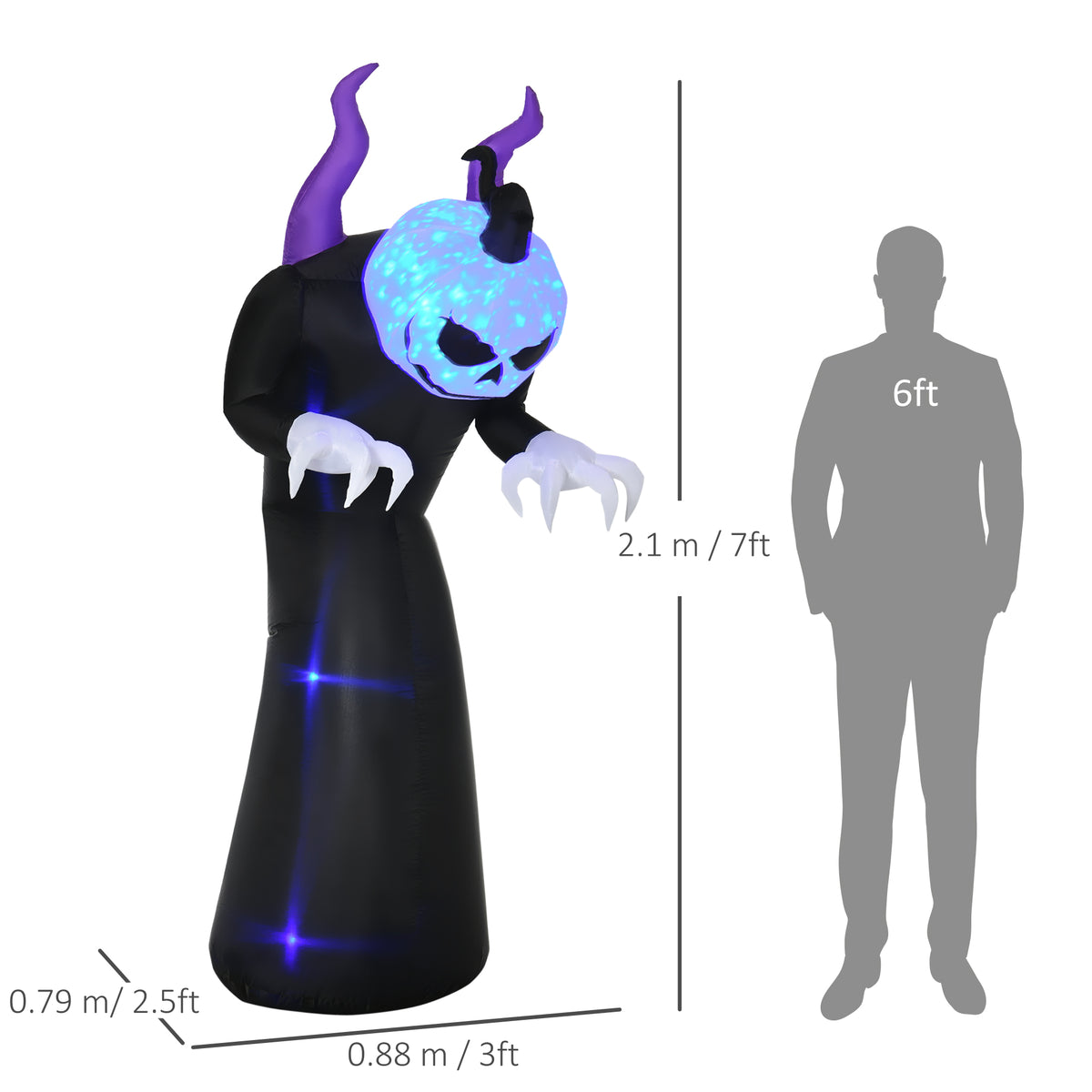 Outsunny 7ft Inflatable Halloween Ghost with Horns, Blow-Up Outdoor LED Display with Flame Effect for Garden, Lawn, Party, Holiday 