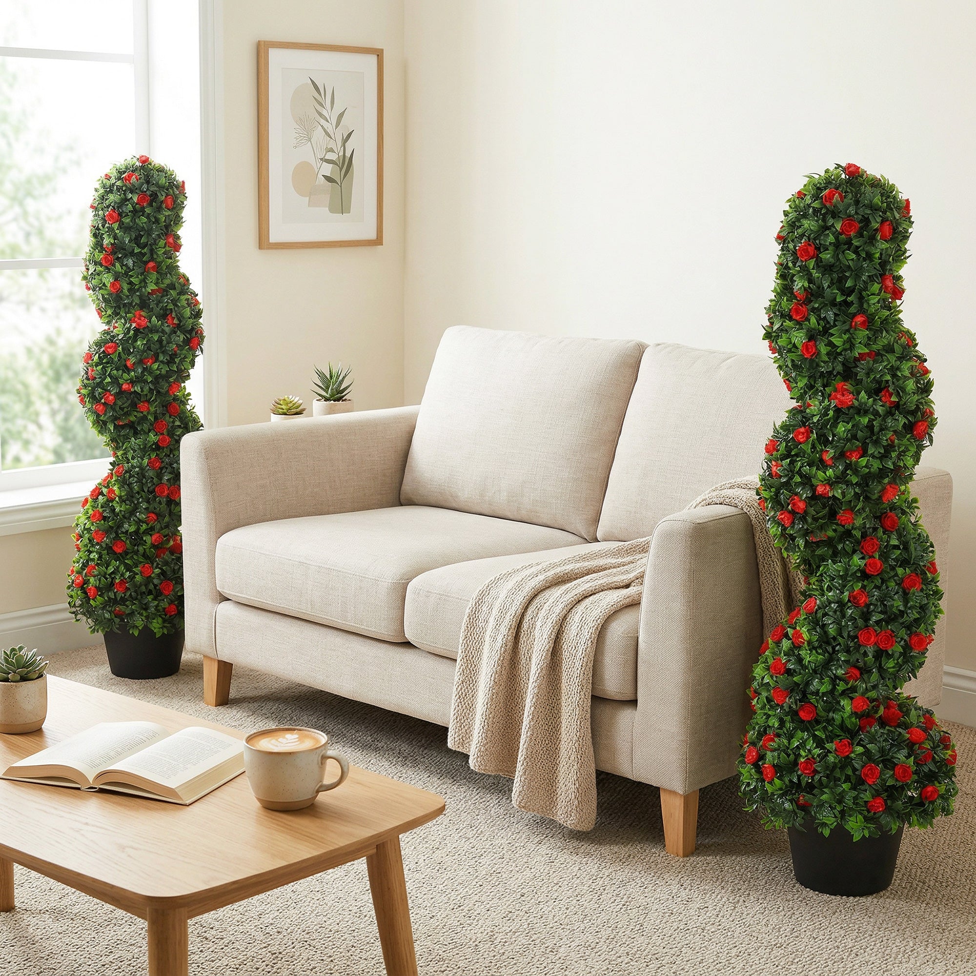 HOMCOM Artificial Rose Spiral Topiary Tree Set of 2, Indoor Outdoor Fake Plants with 630 Leaves, 90cm 