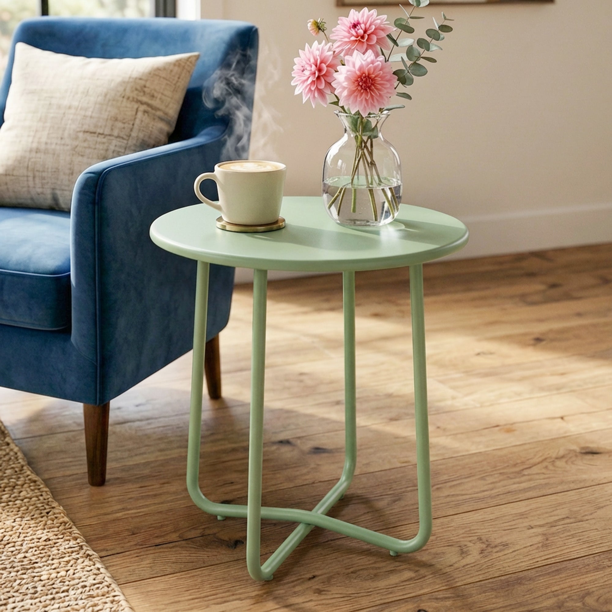 Outsunny 48 cm Round Garden Side Table, Small Metal Outdoor Garden Table with Rolled Edge, Green 
