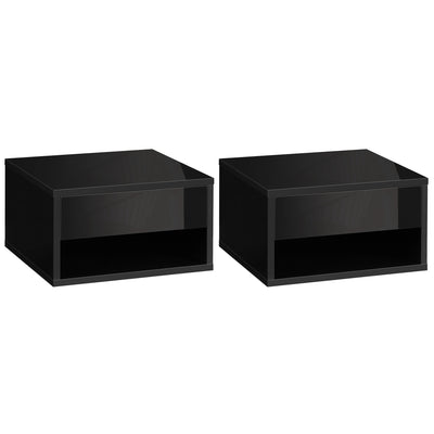 HOMCOM 2 Pieces Bedside Table Wall Mounted Nightstand with Drawer and Shelf for Bedroom, 37 x 32 x 21cm, High Gloss Black 