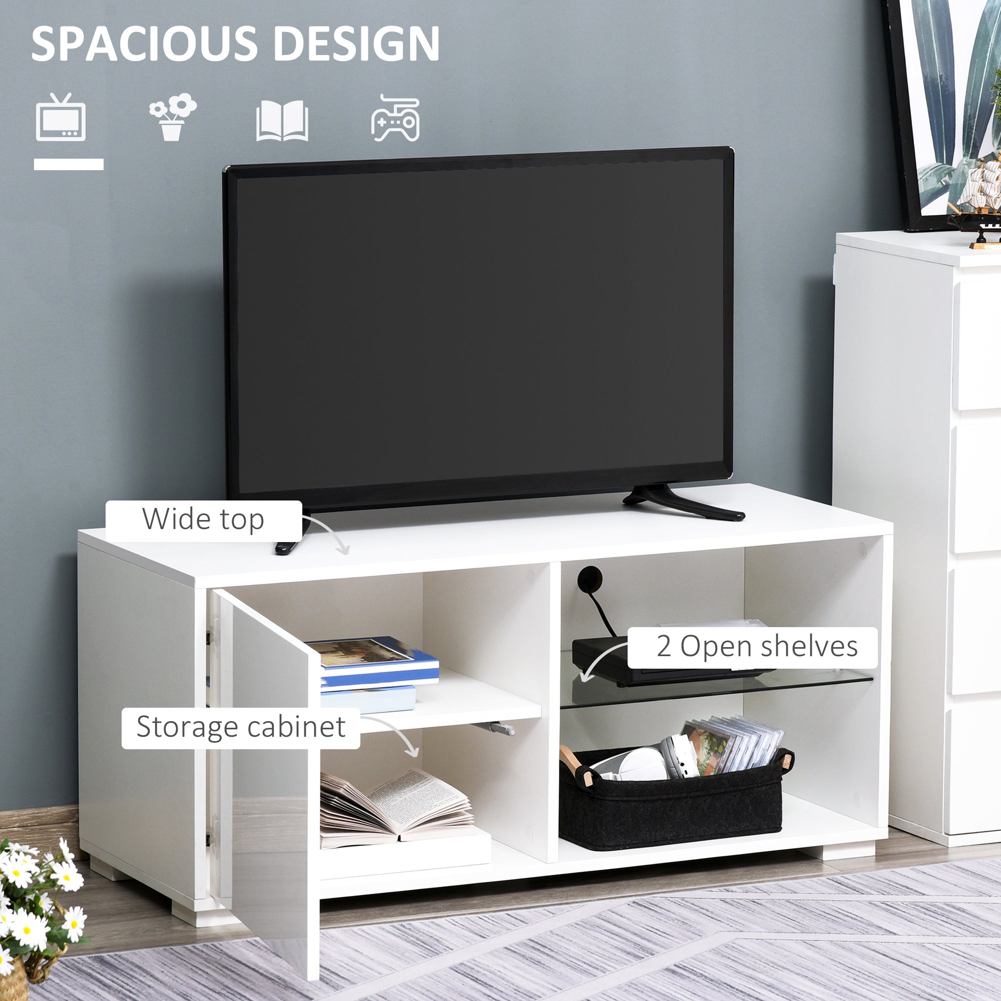 HOMCOM High Gloss TV Stand Storage Cabinet with 2 Shelves for Living Room Home Furniture White 