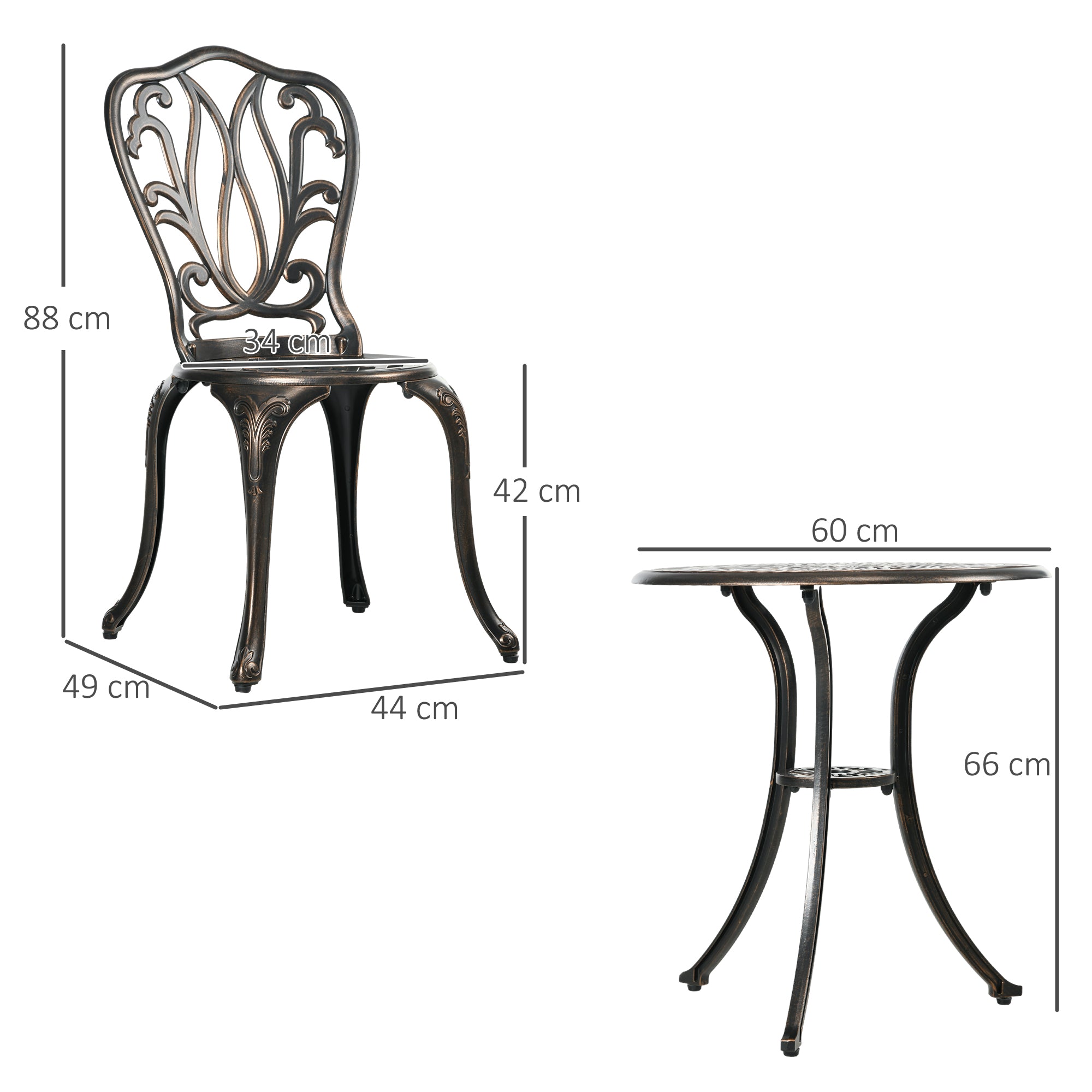 Outsunny 3 Piece Garden Bistro Set Aluminium Outdoor Furniture Set for 2 Patio Chairs and Table with Umbrella Hole Bronze Tone 