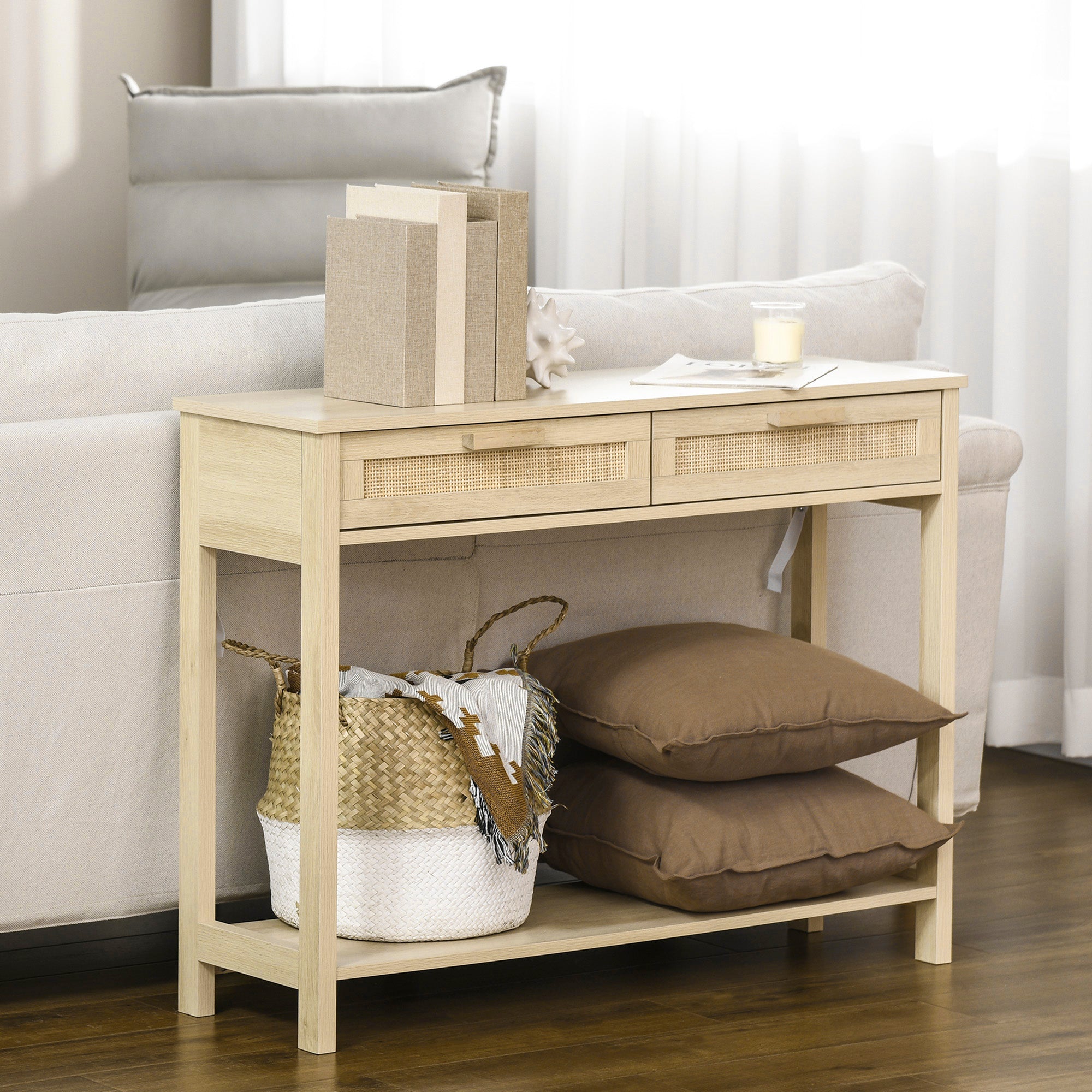 HOMCOM Console Sofa Table Hallway Side Desk with Storage Shelf Drawer for Entryway Living Room Bedroom Natural 