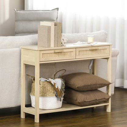HOMCOM Console Sofa Table Hallway Side Desk with Storage Shelf Drawer for Entryway Living Room Bedroom Natural 