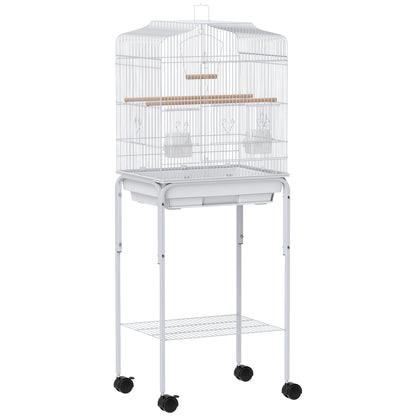 PawHut Bird Cage Budgie Cages for Finch Canary Parakeet with Stand Wheels Slide-out Tray Accessories Storage Shelf, White