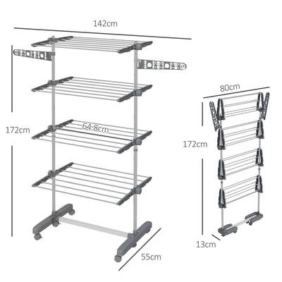 HOMCOM Four-Shelf Collapsing Clothes Horse, With Side Arms and Wheels - Grey 