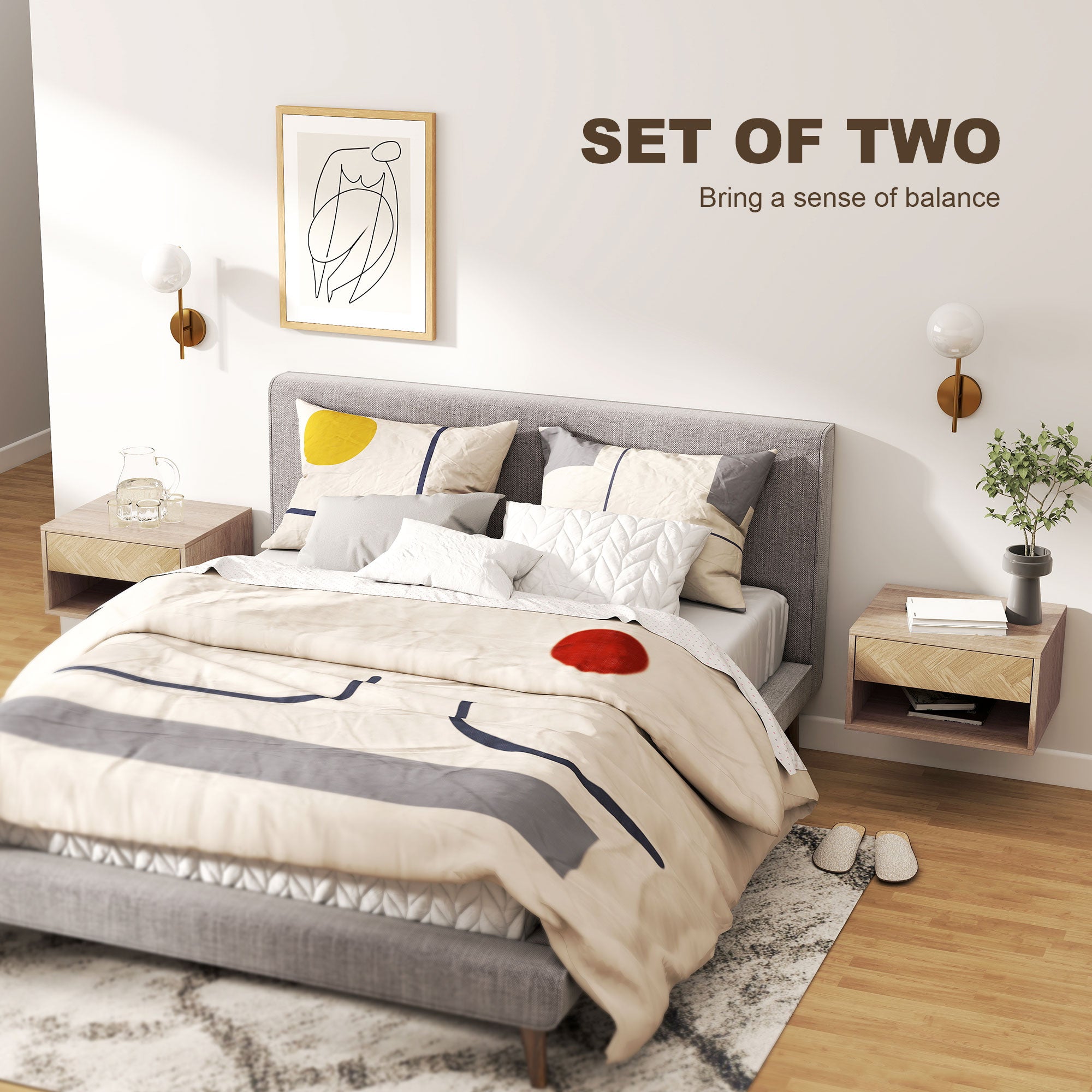 HOMCOM Set of Two Floating Bedside Tables - Natural Wood Finish 