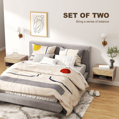 HOMCOM Set of Two Floating Bedside Tables - Natural Wood Finish 