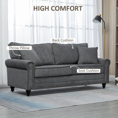 HOMCOM 3 Seater Sofas for Living Room, Fabric Sofa with Felt Mats, Cushions and Pillows, Grey 