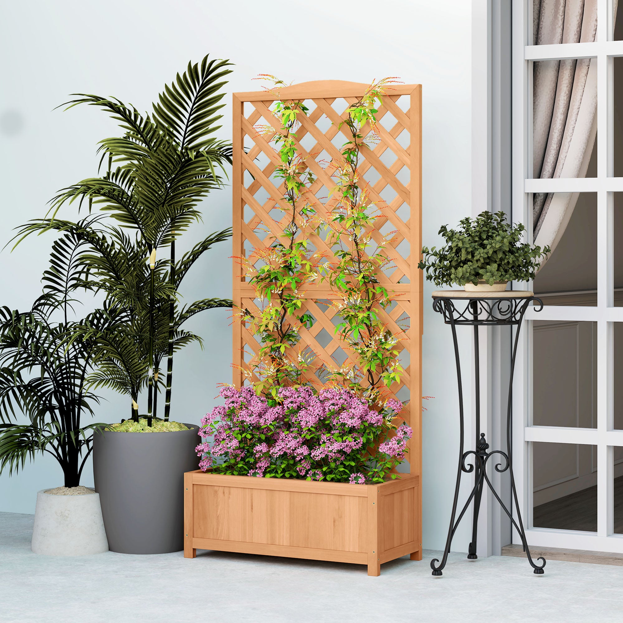 Outsunny Wooden Planter with Trellis, Freestanding Raised Bed for Garden with Lattice, Outdoor Planter Box for Climbing Plants, Vines, Flowers, 76 x 36 x 170 cm, Natural 