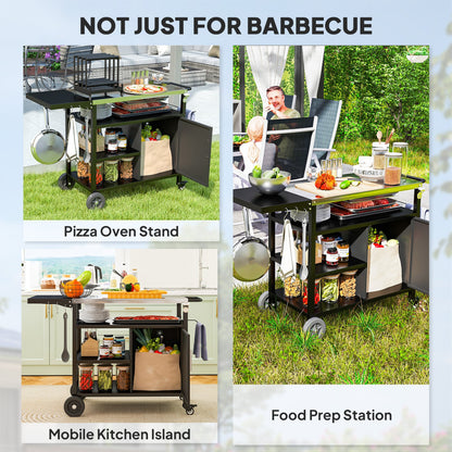 Outsunny Outdoor BBQ Trolley with Foldable Side Table, Stainless Steel Top, Outdoor Kitchen with Wheels Hooks Shelves Cabinet, Pizza Oven Table Movable Outdoor Grill Dining Cart with Cover, Black 