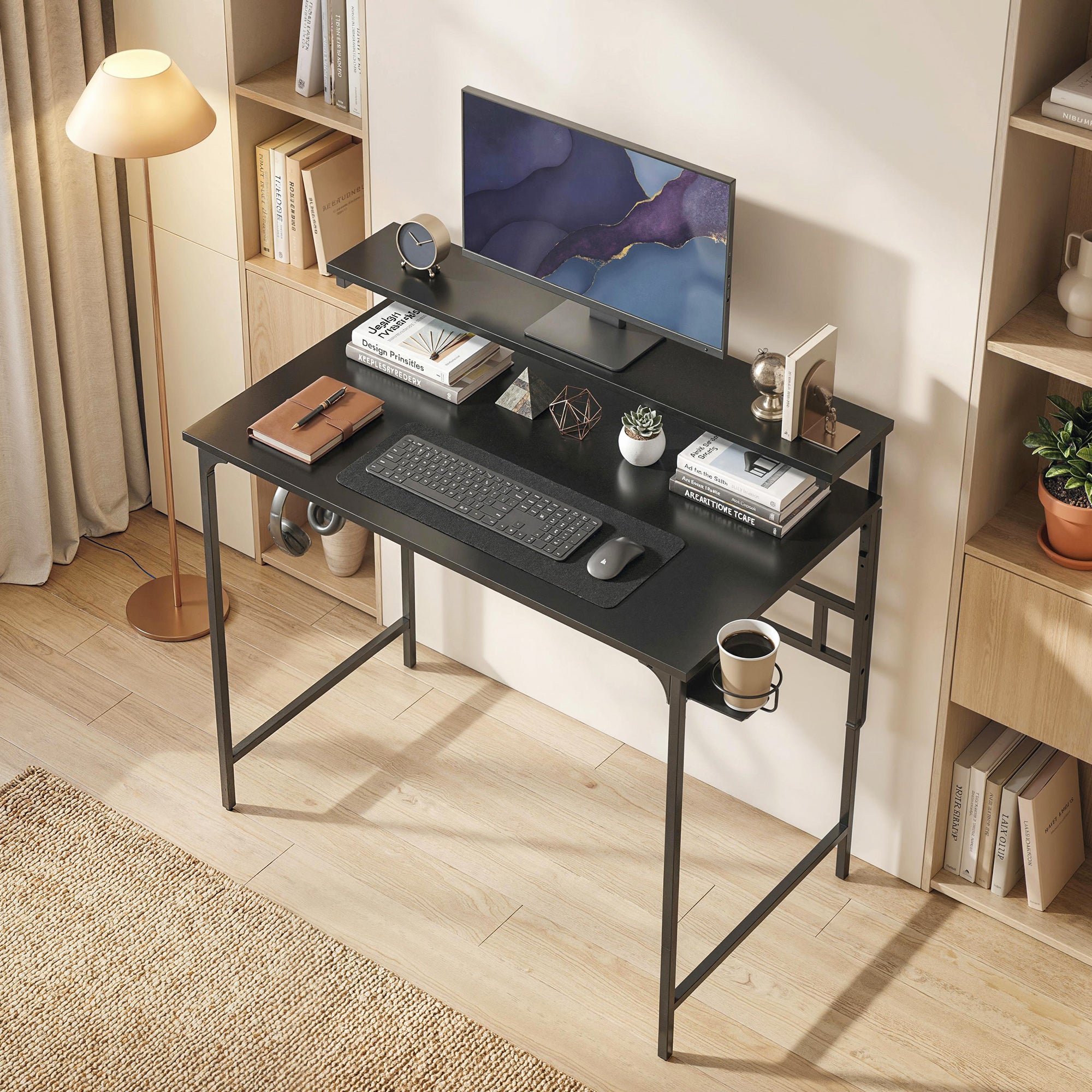 HOMCOM Computer Desk, 80cm Home Office Study Table with Hutch Shelf, Cup Holder, Headphone Hook, Black 