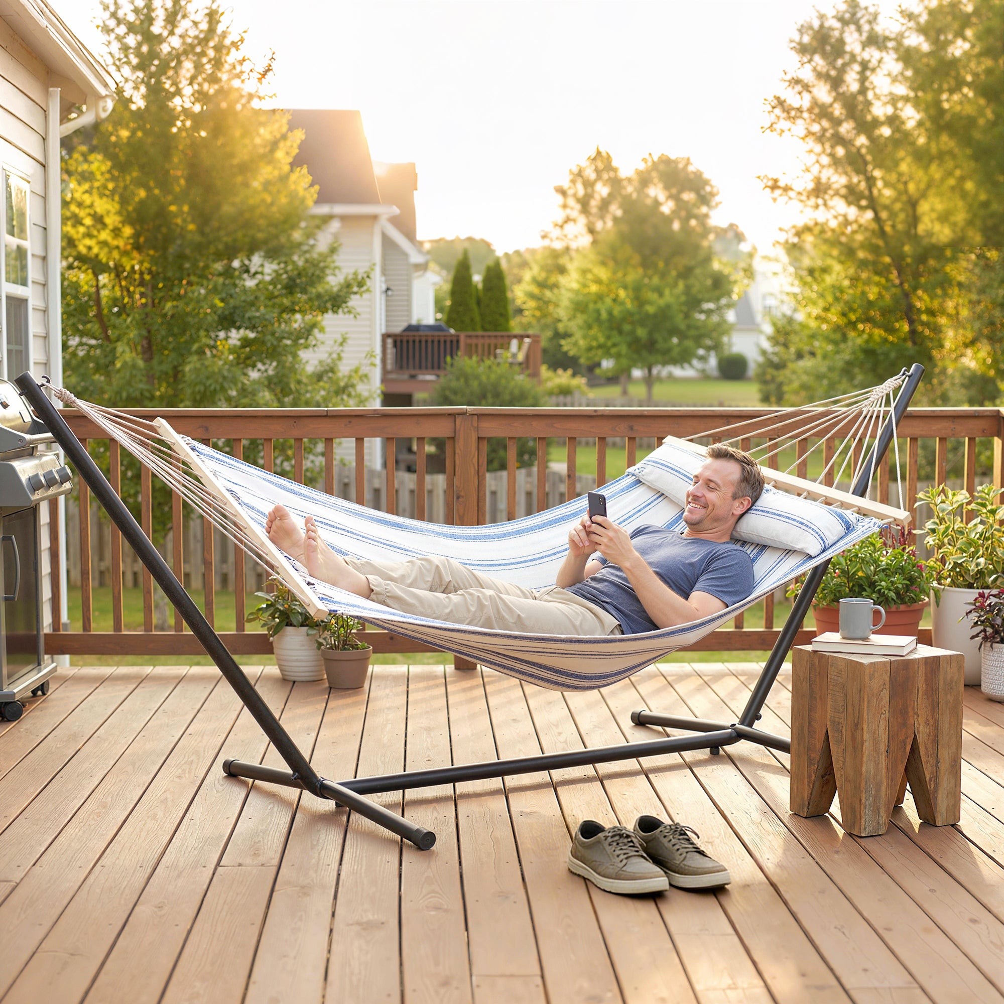 Outsunny Cotton Hammock, Soft Portable Swing Sleeping w/ Headrest & Side Pocket, Blue and White 
