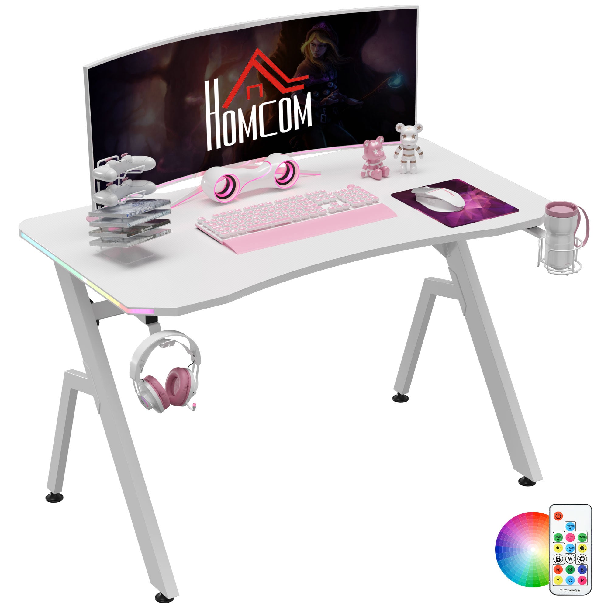 HOMCOM RGB 120 x 66cm Gaming Desk, Computer Table with Carbon Fibre Surface, Headphone Hook, Cup Holder, Controller Rack, Home Office Desk, White 