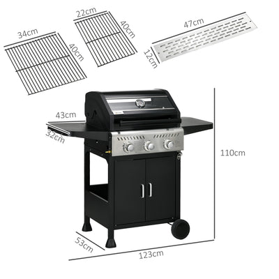 Outsunny 9kW Three-Burner Gas BBQ Grill, with See-Through Lid - Black 