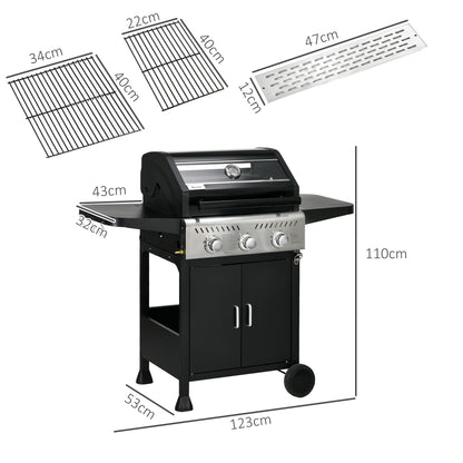 Outsunny 9kW Three-Burner Gas BBQ Grill, with See-Through Lid - Black 