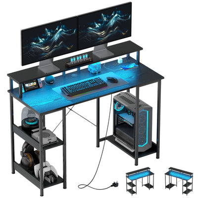 HOMCOM Computer Desk with Power Outlets and LED Lights, 120 x 50cm Reversible Home Office Desk with Monitor Stand and 2-Tier Storage Shelves, Gaming Desk with Cable Management, Black 