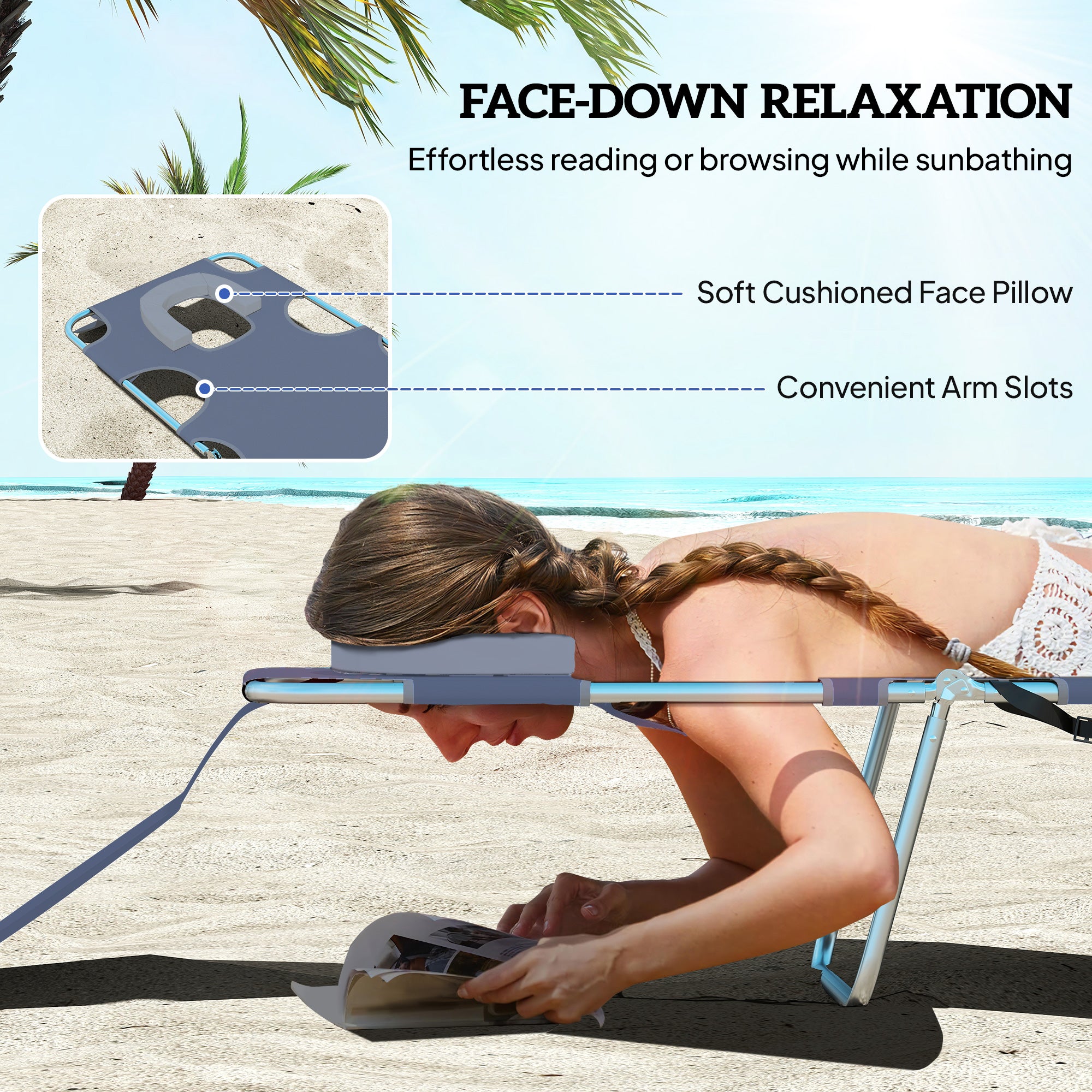 Outsunny 5-Position Adjustable Sun Loungers Set of 2 with Reading Hole and Side Pocket, Grey 