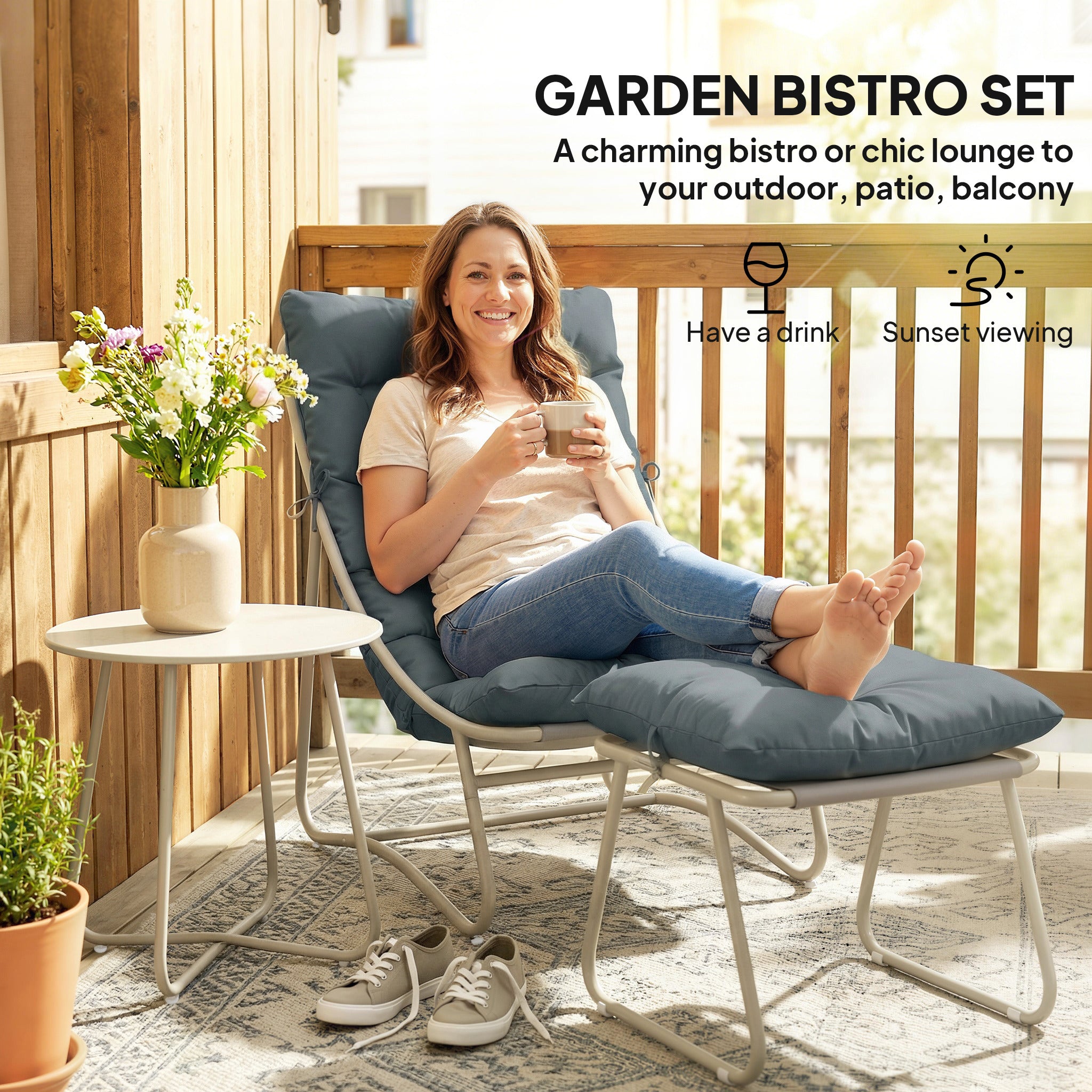 Outsunny Bistro Set for Garden, 3 Piece Outdoor Table and Chair with Footstool and Removable Cushions, Comfy Balcony Furniture 