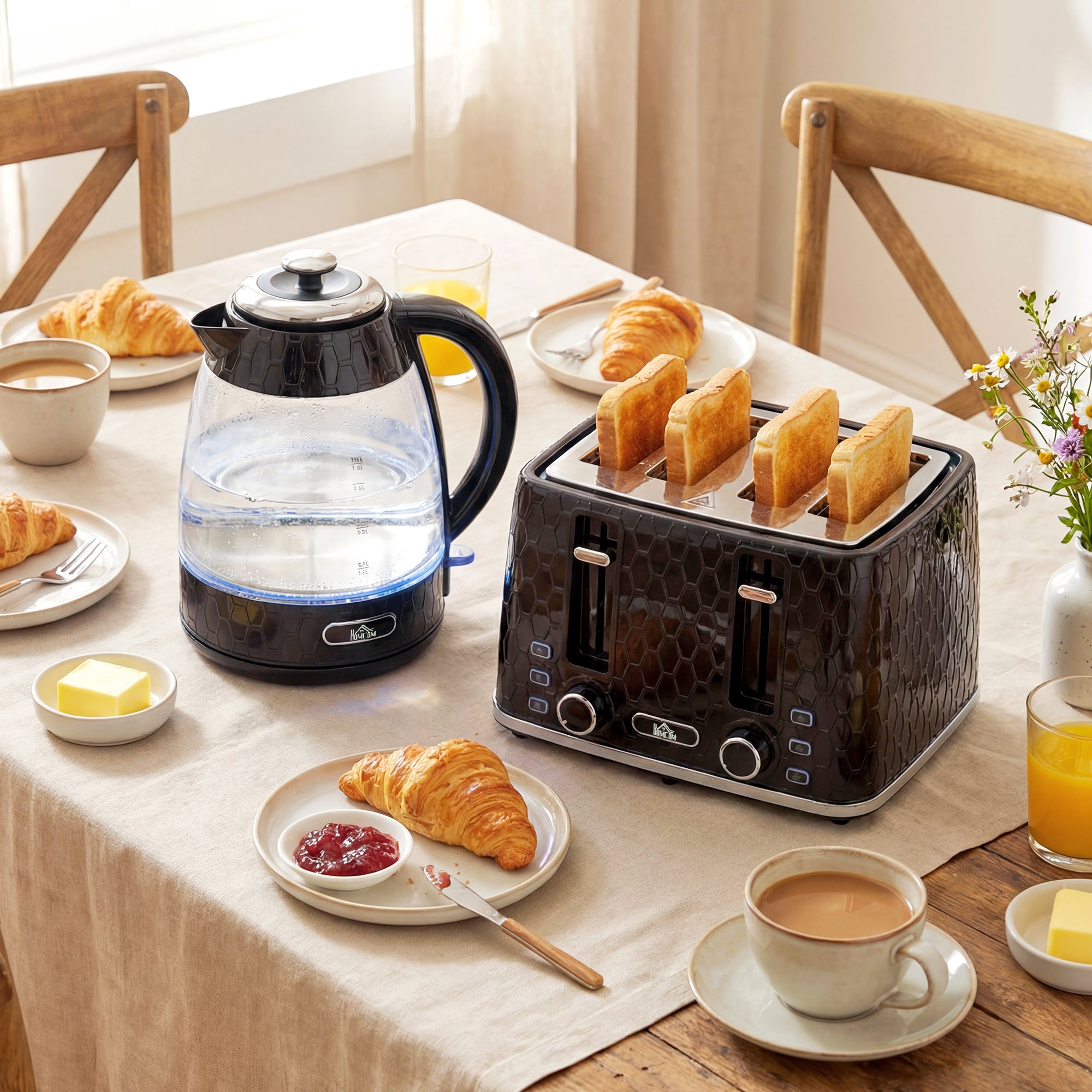 HOMCOM Kettle and Toaster Set, 1.7L 3000W Rapid Kettle with Strix Thermostat, 4 Slice Toaster with 7 Browning Controls, Black 