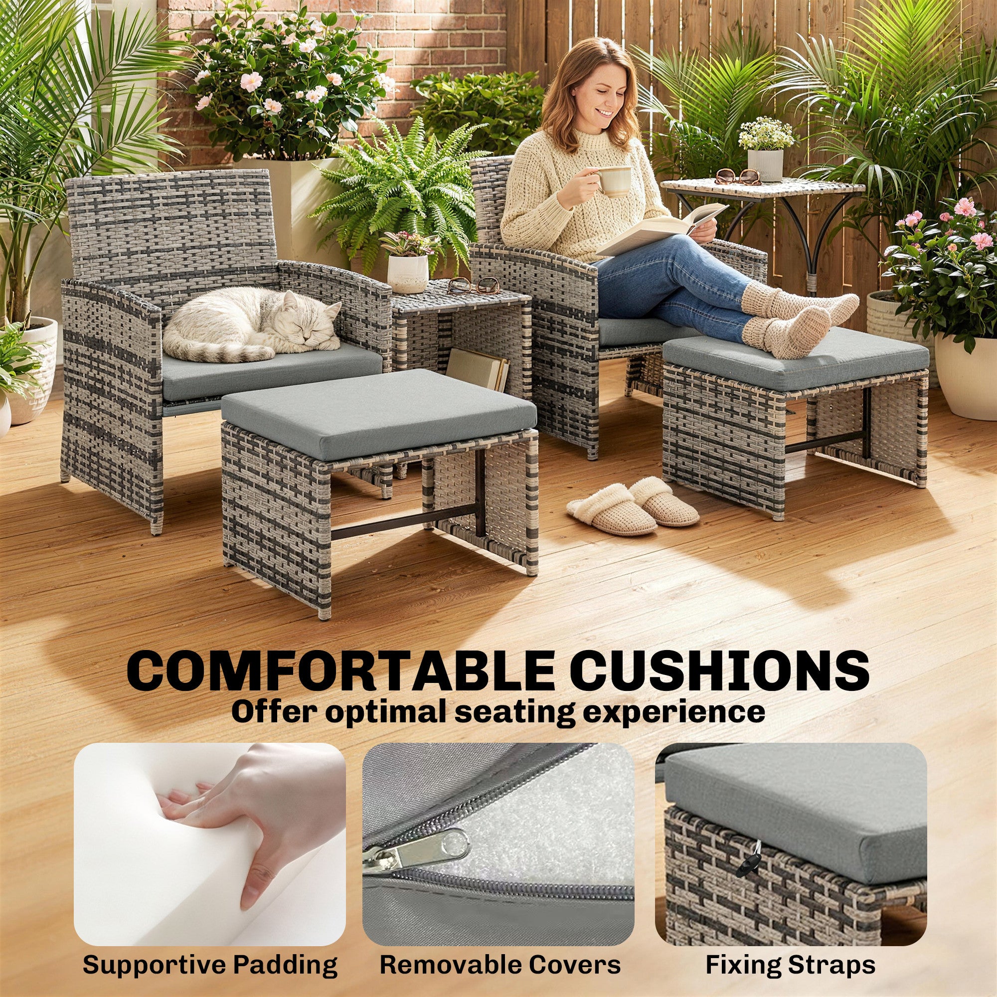 Outsunny 6 Piece Rattan Garden Furniture, Space-Saving Patio Furniture Set with Nesting Tables, Chairs, Stools, Cushions, Grey 
