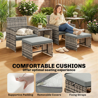 Outsunny 6 Piece Rattan Garden Furniture, Space-Saving Patio Furniture Set with Nesting Tables, Chairs, Stools, Cushions, Grey 