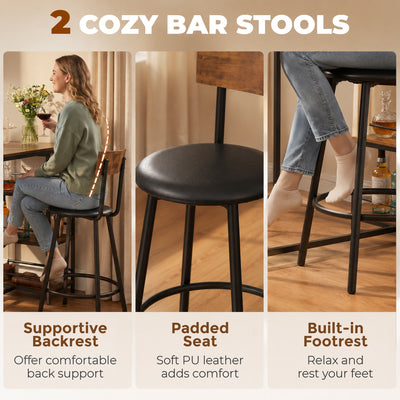 HOMCOM Space Saving Bar Table and PU Leather Stools for 2, 3 Piece Breakfast Bar Table Set with Storage Shelves, Rustic Brown