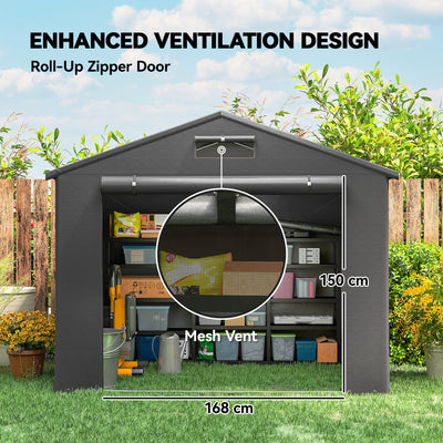 Outsunny 8 x 6 ft Outdoor Garden Storage Shed, Waterproof Bike Tent with Roll-Up Zipper Door, Dark Grey 