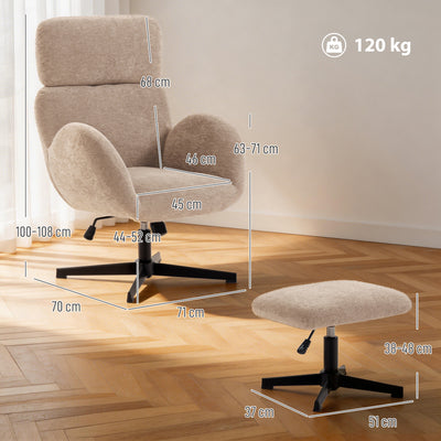 HOMCOM Swivel Armchair and Footstool Set, Height Adjustable Accent Chair with Adjustable Headrest, Rocking Function, Light Brown 